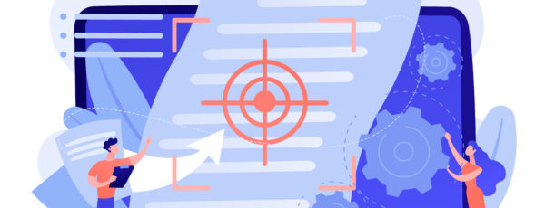Tiny people project managers work on vision and scope document. Vision and scope document, project main plan, project management document concept. Pinkish coral bluevector isolated illustration